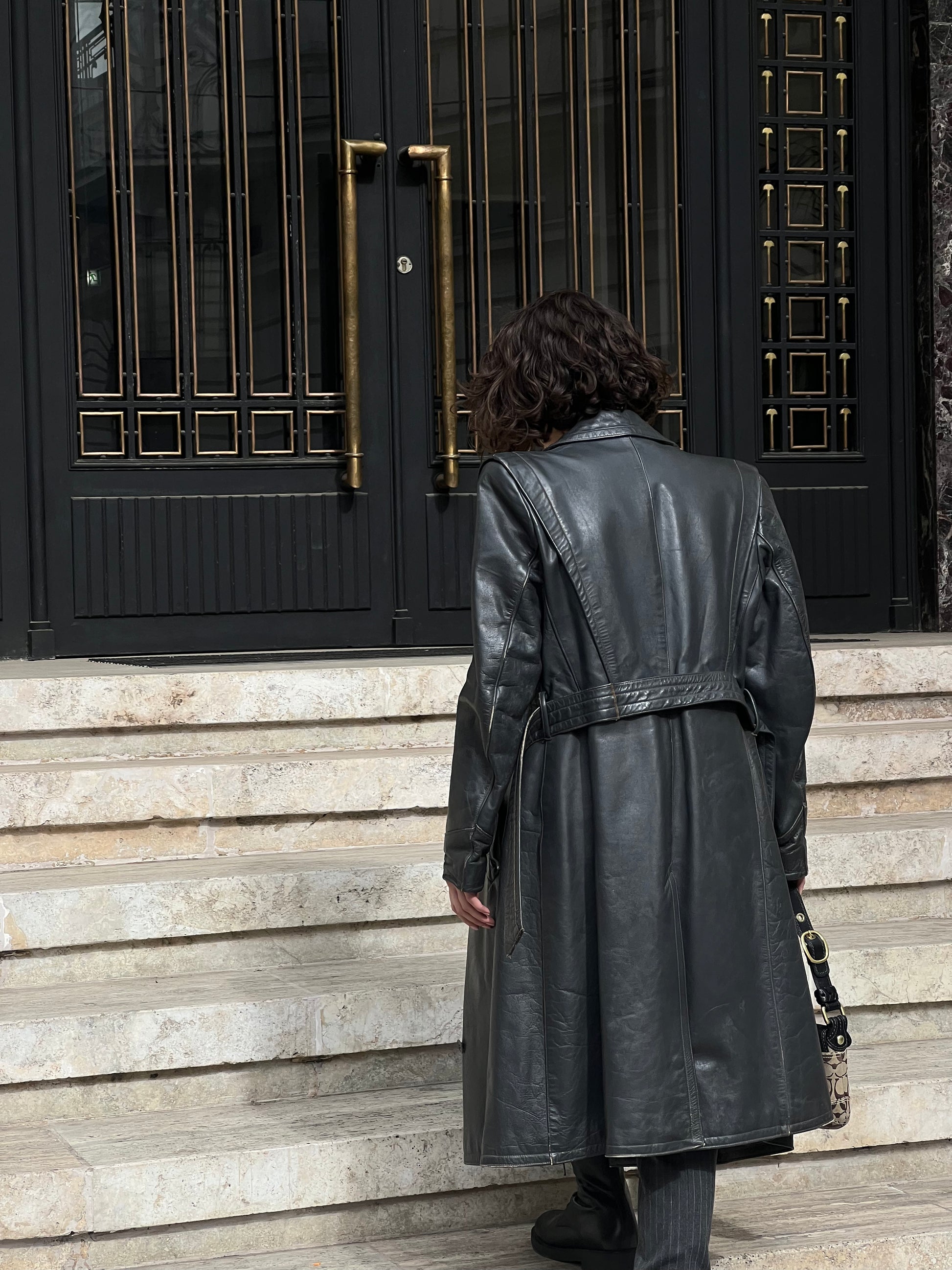 Wide Shoulders Leather Trench Coat